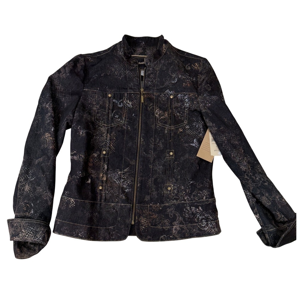 Coldwater Creek Printed Denim Jacket Size 8 NWT Metallic Paisley Mock Neck Zip